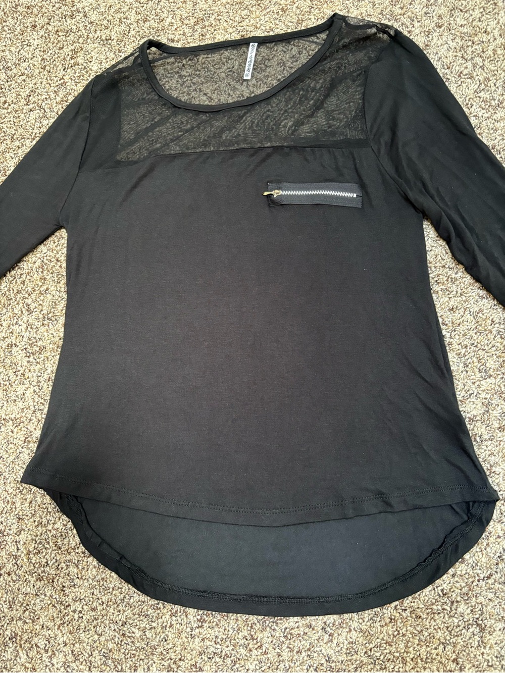 Splash Black Sheer Yoke Long Sleeve Top with Zip Pocket
